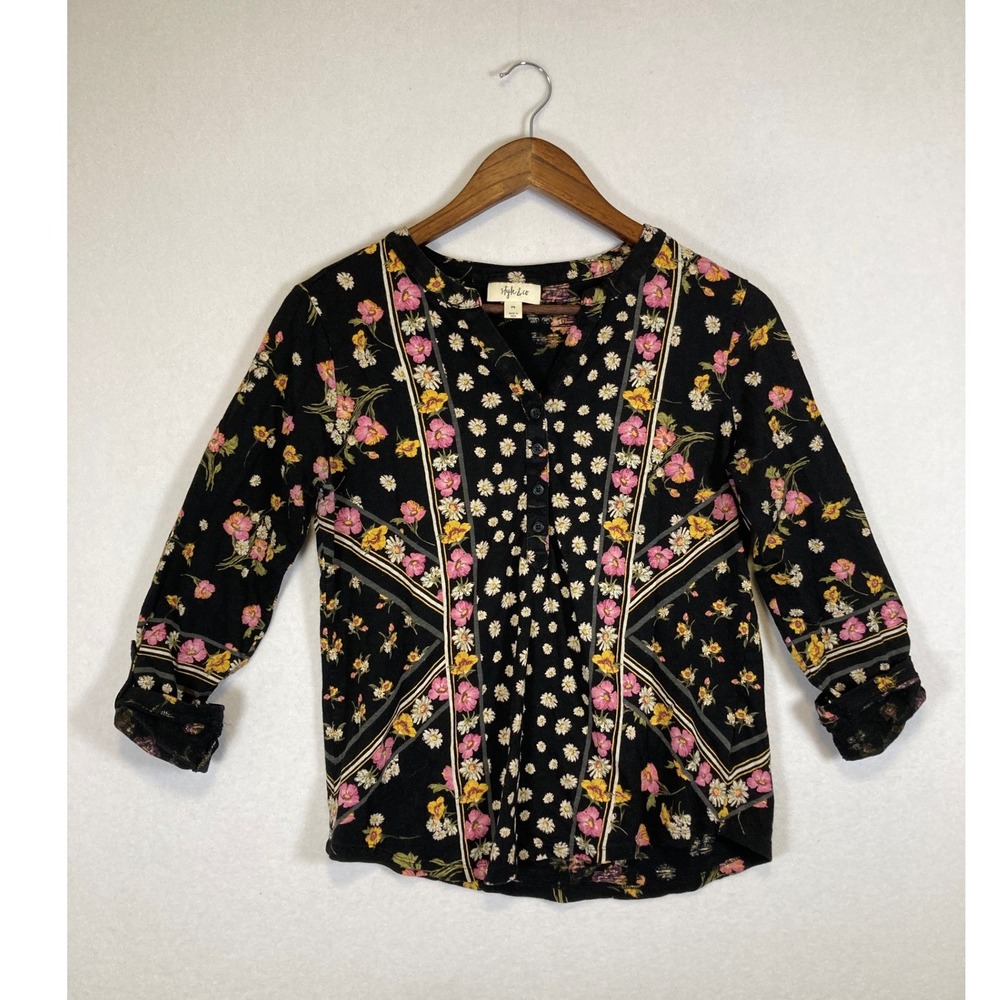 Garden Boho Floral Women PS Black Pink Cotton Modal Roll‎ Tab Henley Top